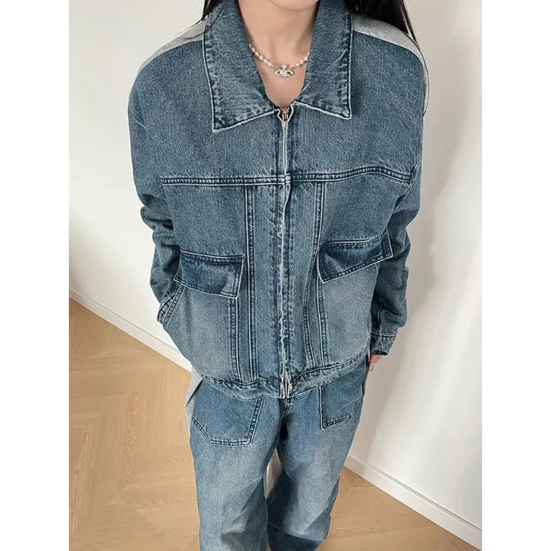 

SuperAen Casual Denim Jacket Splicing High-end Fashion Long Pant Two Pieces Set for Women