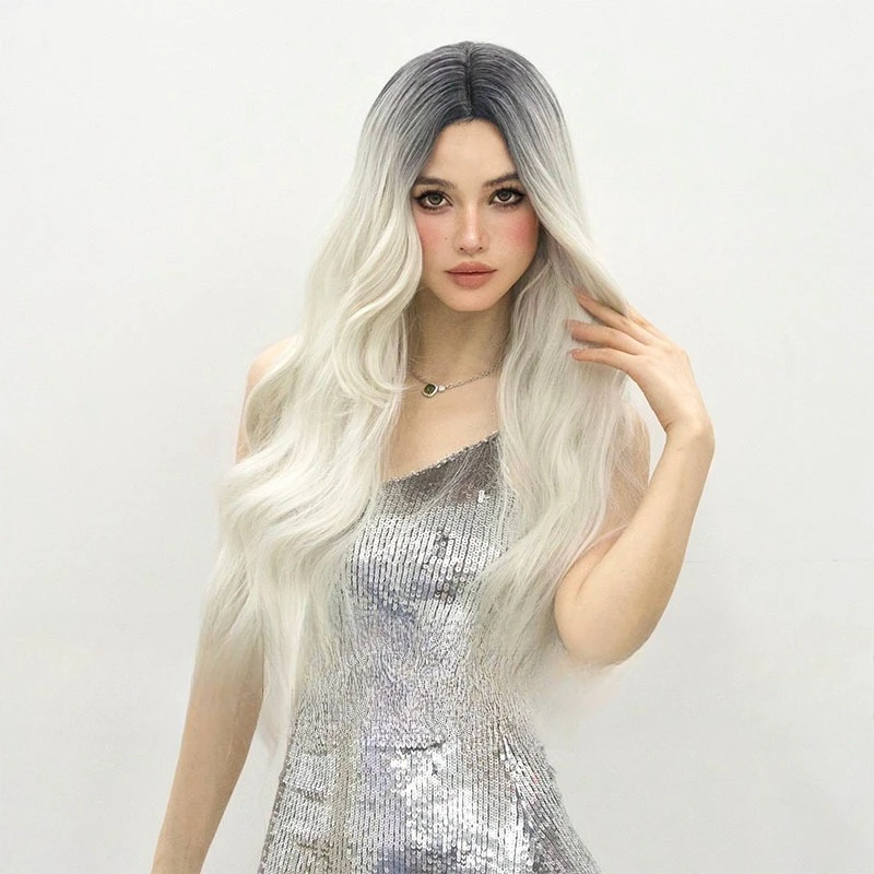 Peruca feminina muda gradualmente de platina, pontos médios, ondas grandes, cabelo longo e encaracolado, natural, fofo, alto sentido, cabeça inteira