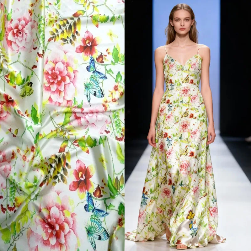 

Telas Quality Green Flowers Print 95%Mulberry Silk Fabric Stretch Satin Tissu Summer Haute Couture Cloth 100*138 Tissus Au Metre