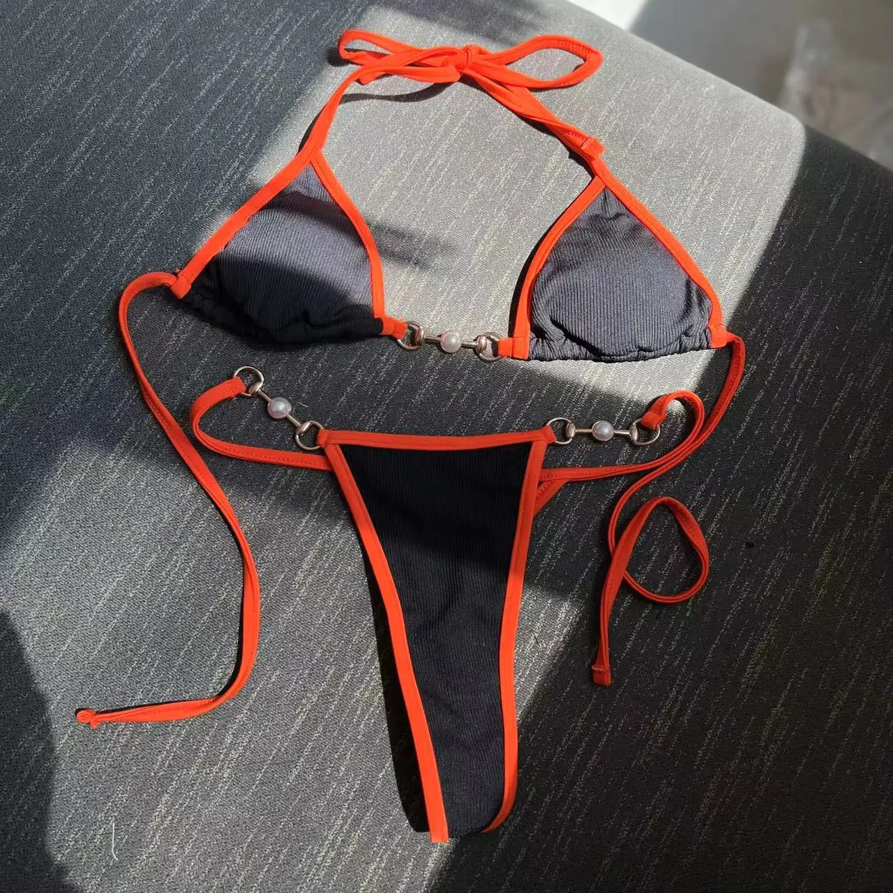 Sexy Ribbed Bikini Set Micro Bikinis 2023 New Chain Swimsuit Women Swimwear Brazilian Bathing Suit Biquini White Orange