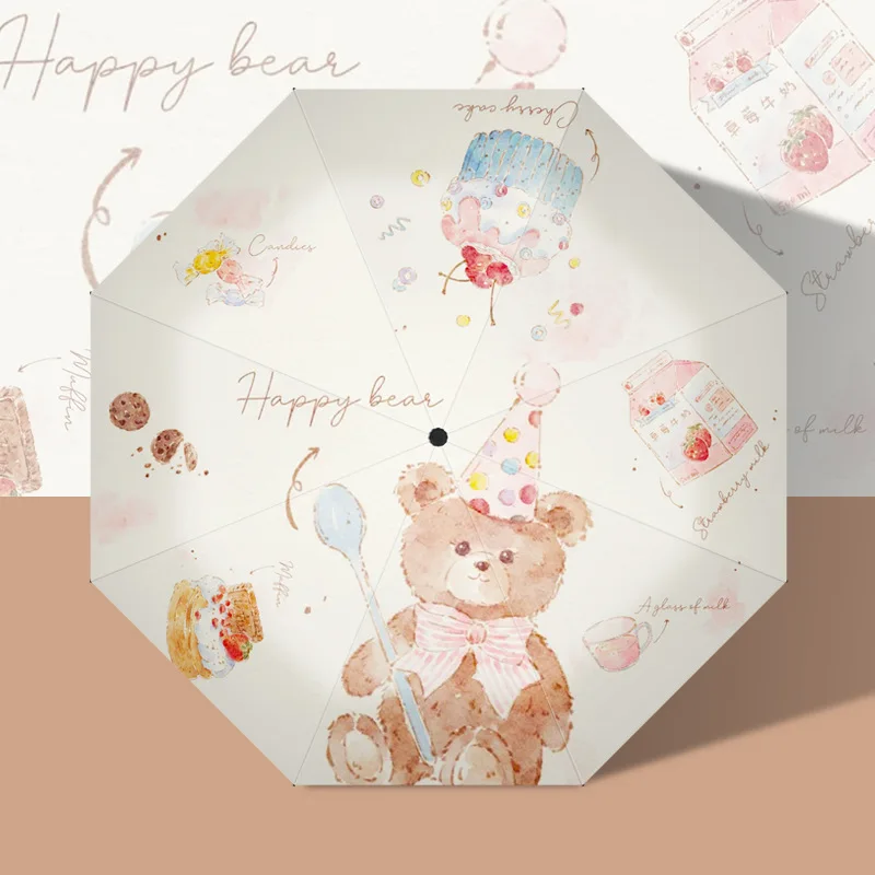 UV Resistant Doll Bear Umbrella for Ladies,Wind and Rain Resistance,Folding Umbrella,Portable,Travel,Cute Bear Birthday Cake