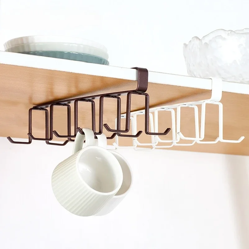 

Punch-free Double-row Hooks Under Cabinet Mug Cup Hanger Rack Kitchen Organizer Hanging Storage Holder