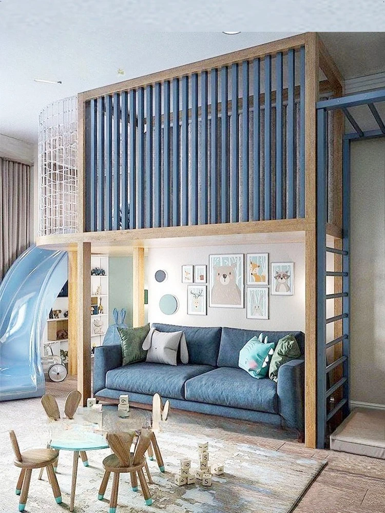 Dom zabaw do pokoju dziecięcego, łóżko z zakrzywioną zjeżdżalnią, sofa pod łóżko