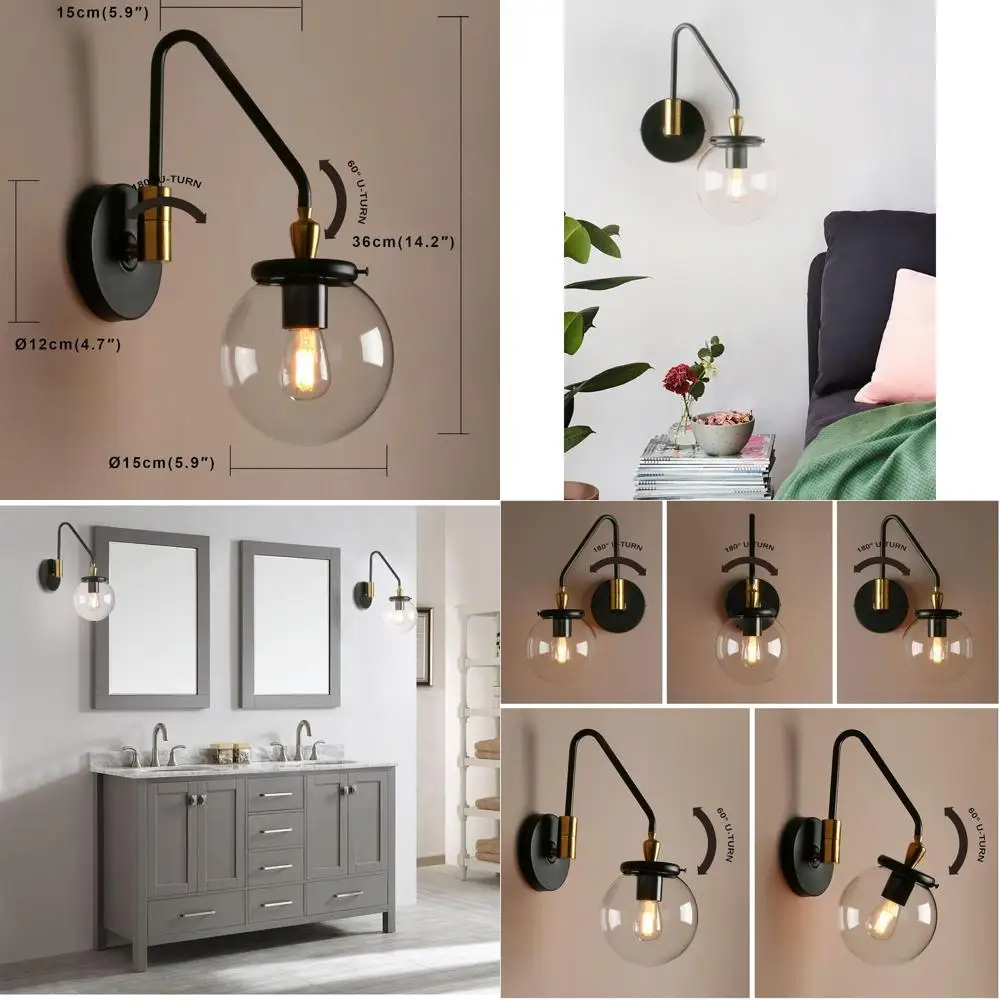 

Adjustable Swing Arm Wall Sconce, Globe Vanity Light Fixture for Bathroom, Bedroom, Living Room, and Study in Black