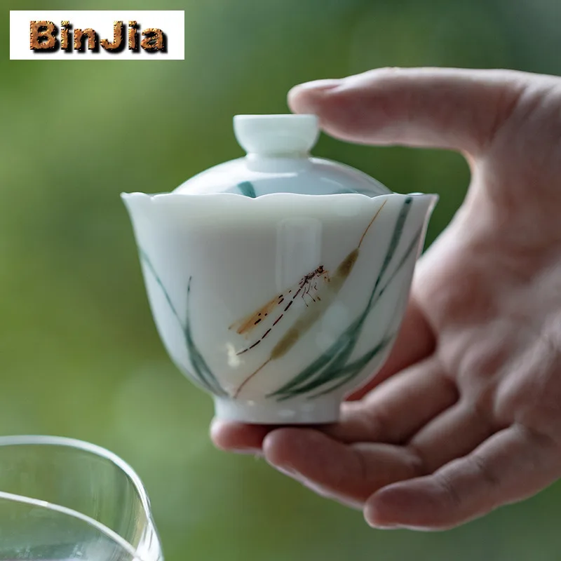 120ML Hand-painted Dragonfly Flower Mouth Gaiwan Luxury Tea Tureen Tea Bowl With Lid Kit Tea Making Cover Bowl For Tea Supplies