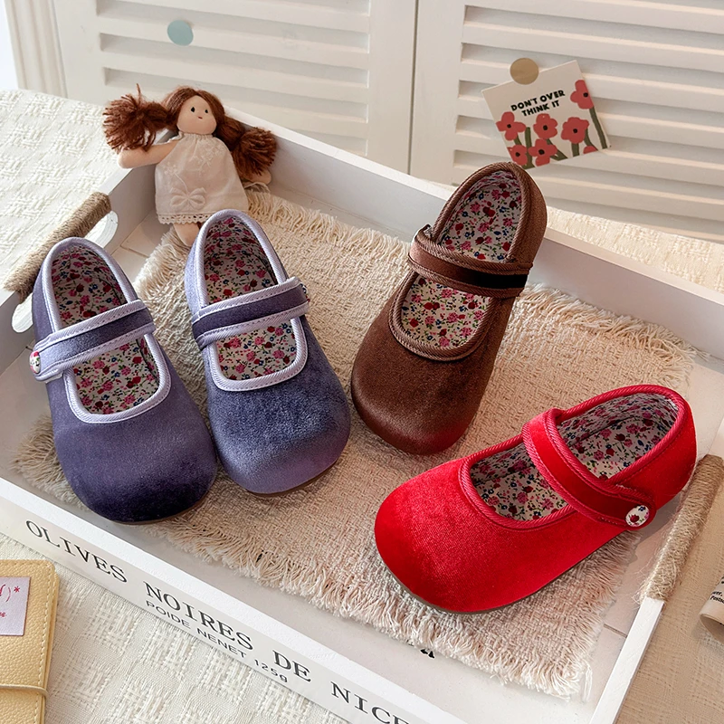 Autumn Girl's Mary Jane Shoes Velvet Floral Lining Kids Flats For Toddler Versatile Pure Color Soft Sole Children Footwear 21-30