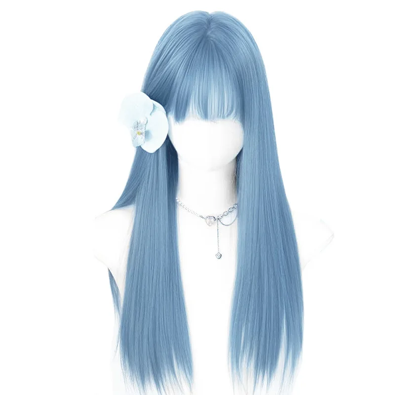 الجليدية الأزرق الباردة الغلاف الجوي طويل مستقيم الشعر تأثيري الصيف ضوء ورقيقة الطبيعية محاكاة الانفجارات شعر مستعار غطاء رأس كامل الأزرق #5