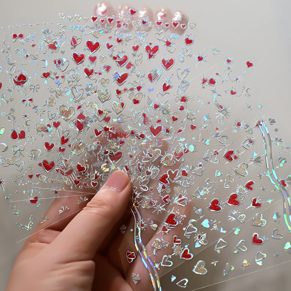 6/8 Stuks Laser Zilver Liefde Hart Nail Sticker 3D Zon Maan Sterrenlicht Lijm Decals Valentijnsdag sliders Manicure Decoratie