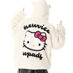 Sanrio Cartoon Hello Kitty Hooded Zipper Sweatshirt Lamb Wool Coat Girls Student Winter Loose Plush Thickened Warm Cotton Coats