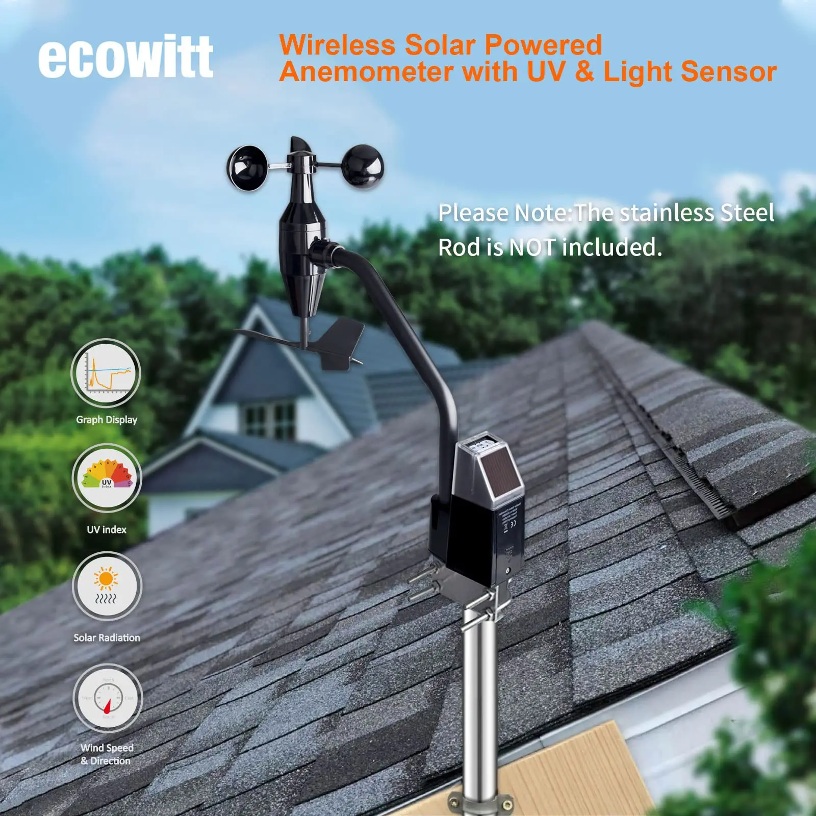 Ecowitt WS68 Wireless Anemometer Sensor, Solar Powered Wind Speed and Direction Sensor - Accessory Only, Can Not Be Used Alone