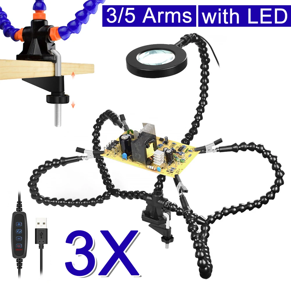 الجدول المشبك محطة لحام مع 3X المكبر USB ضوء مروحة 6 قطعة الأسلحة مرنة المهنية لحام الحديد لحام أدوات إصلاح