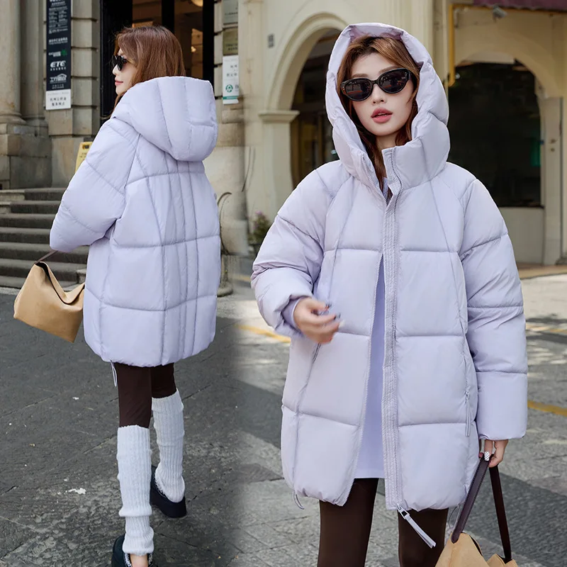 

2025 Trendy High-grade Women Winter Jackets Solid-color Simple Mid-length Cotton Coat Women's Hooded Thick Warm Cotton Jacket