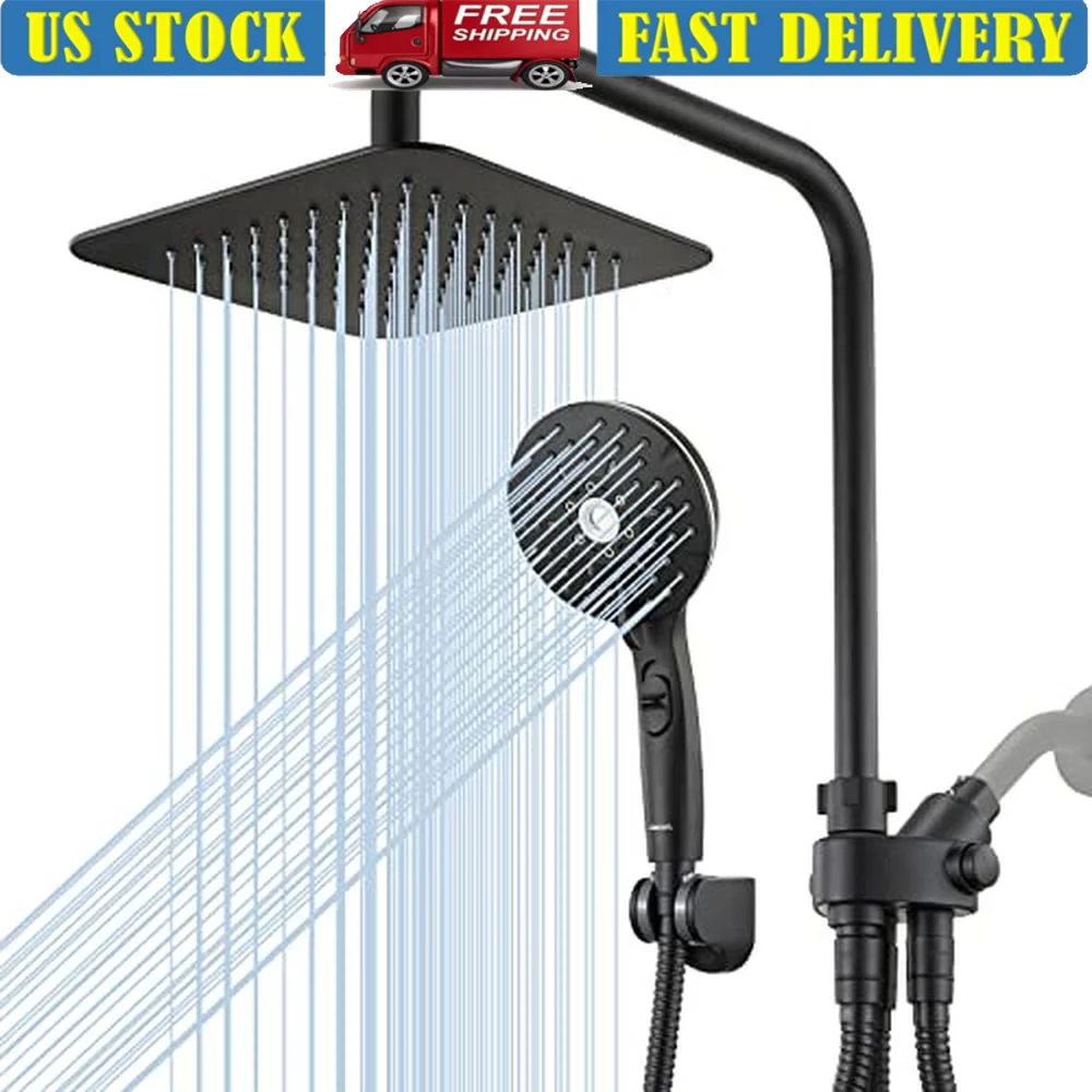 High Pressure Dual Shower Head Combo 8'' Rain/Rainfall Shower Head 5 Settings Handheld Showers Adjustable Height Slide Bar Easy