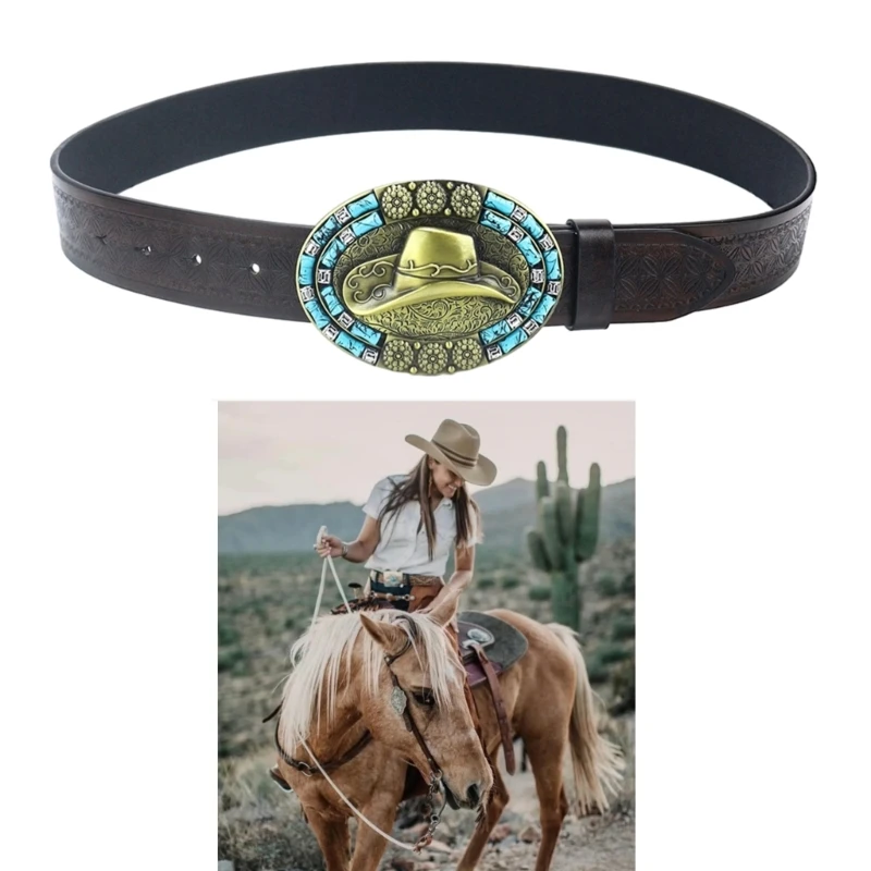 

Multi-size Adult Waist Belt with Relief Cowboy Hat Buckle Adjustable Waist Belt for Men PU-Leather Wear-Resistant Belt