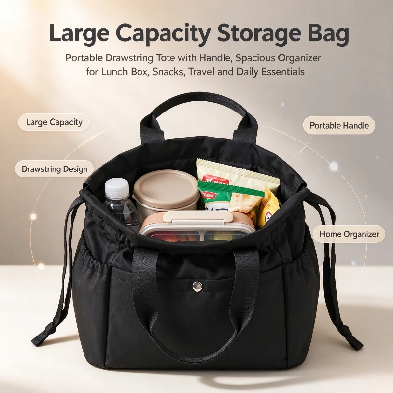Portable Large Capacity Handheld Thermal Lunch Bag Drawstring Design Easy To Clean Insulated Storage Bag For Work And Travel