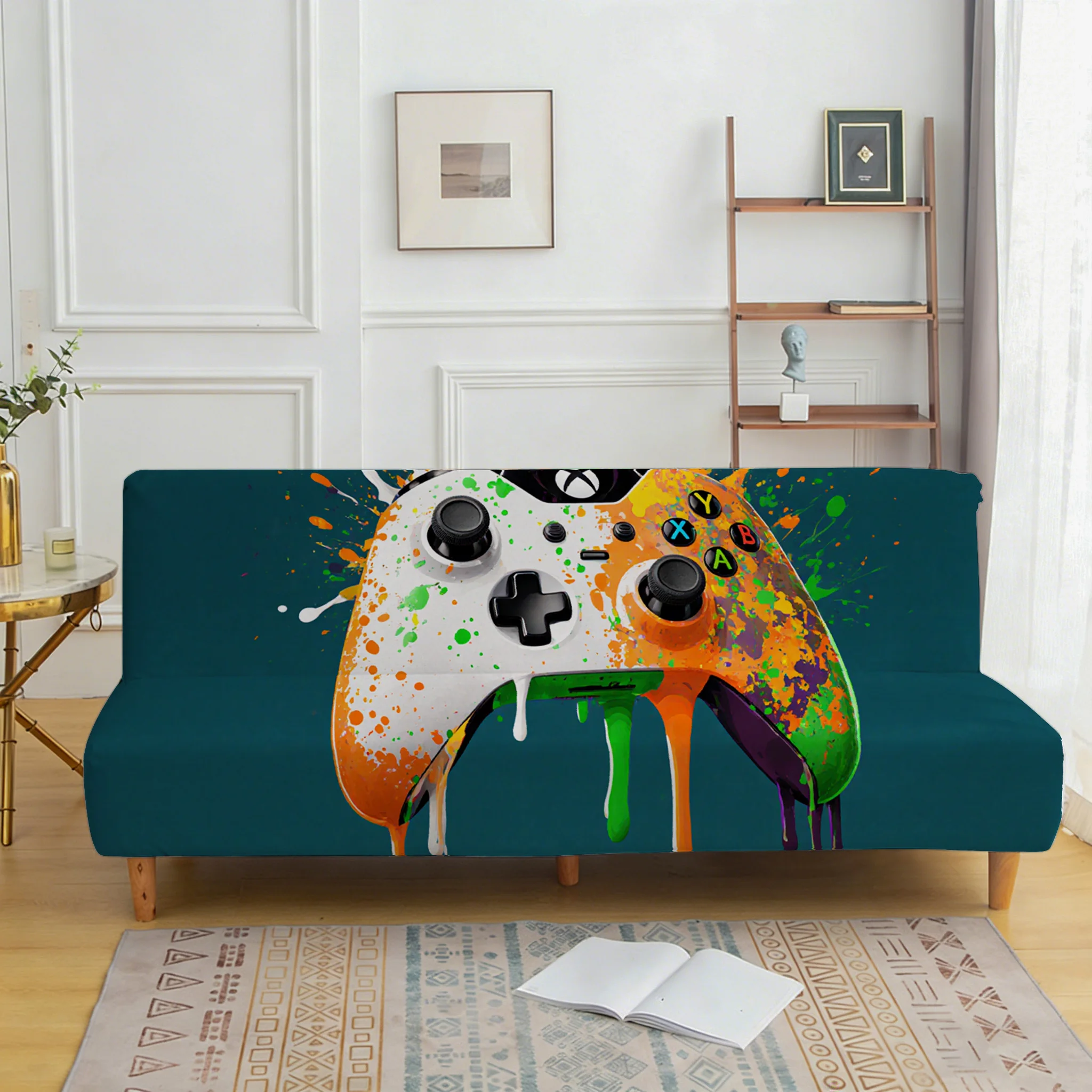 Orange and green ink splashing gamepad elastic sofa cover, living room sofa cover, dust-proof washable sofa cover