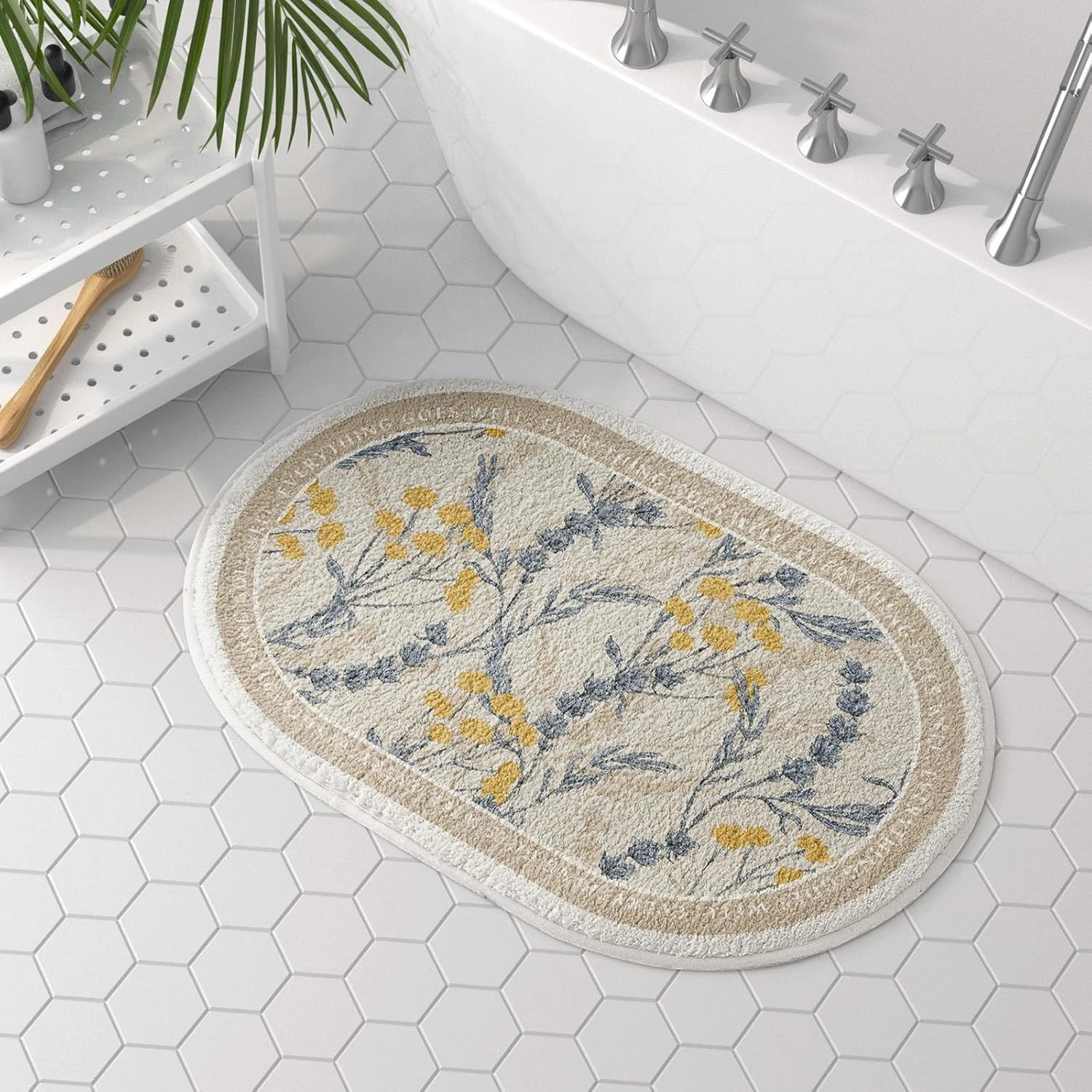 VIKAMA Pastel Wildflower Soft Fluffy Oval Doormat Non Slip Absorbent Floral Bath Rug Bedroom Bathroom Entrance Decor