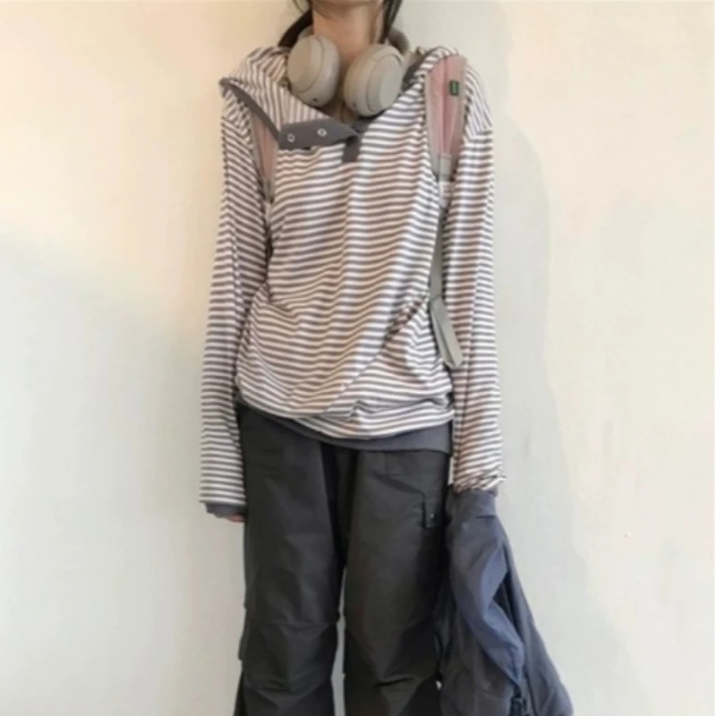 European and American Ins Harajuku style concealed button hooded long sleeved striped top casual women's hooded T-shirt top