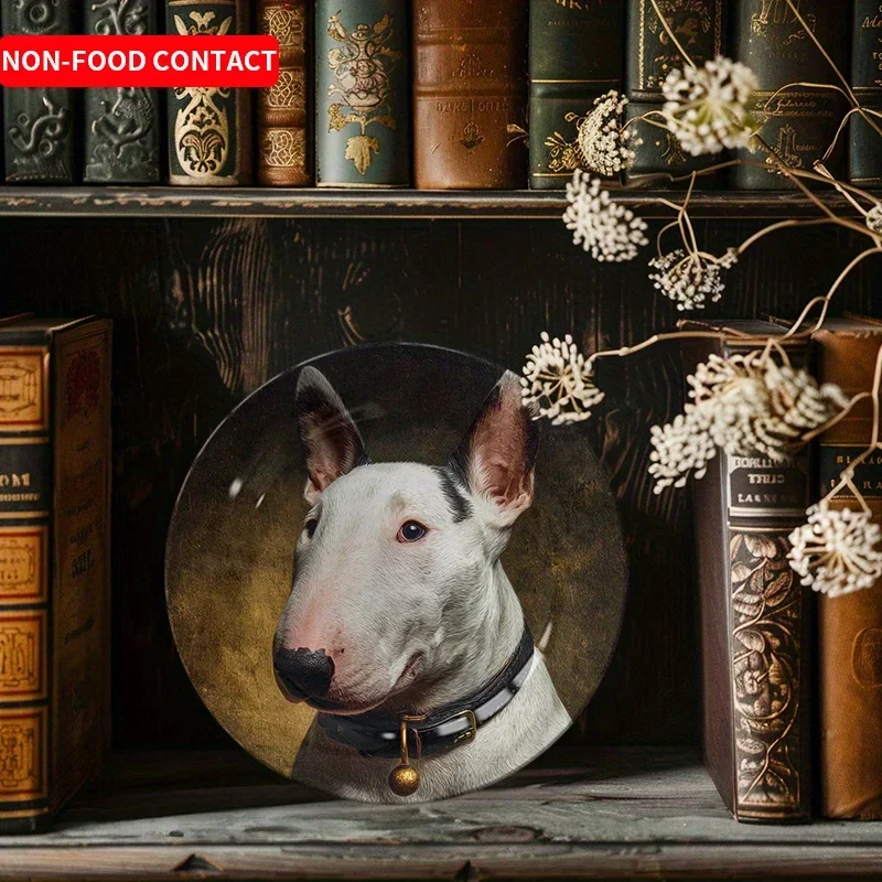 1pc Ceramic Bull Terrier Dog Plate - Round Decorative Pet-Themed Display Plate with Black Collar Accent, Ceramic Tableware for,
