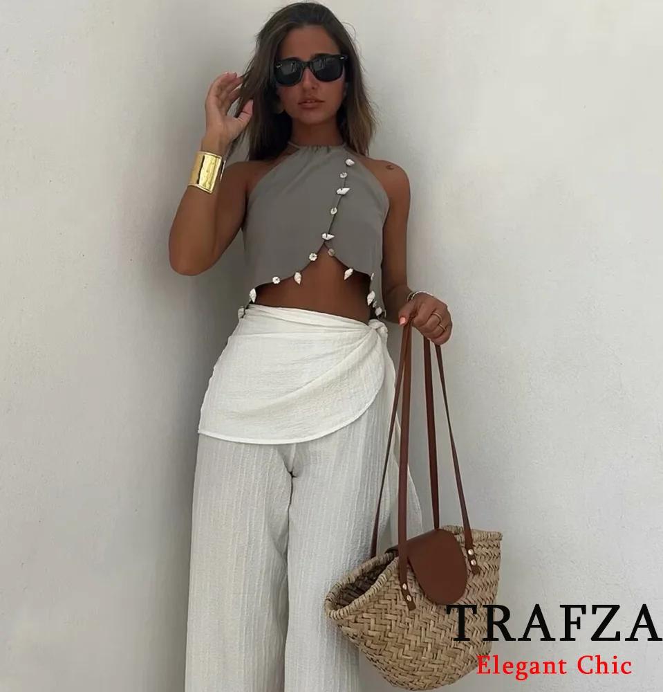 TRAFZA Casual Short Neck Tops Set Women New 2024 Summer Fasion Holiday Beach Pant Set Shell Decorations Lace-up