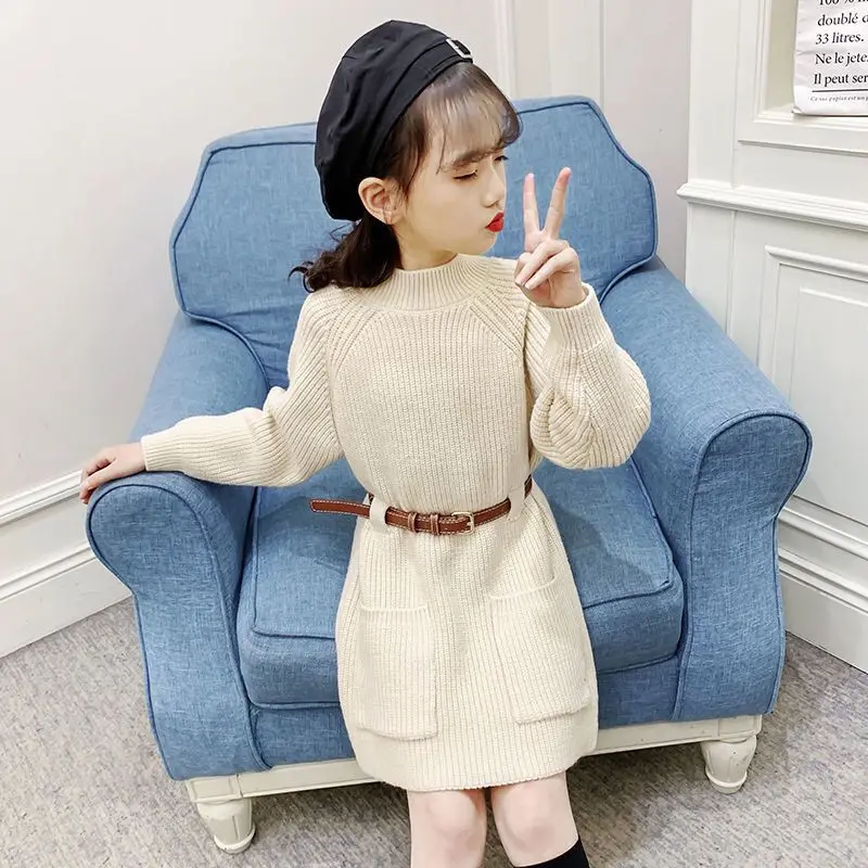 

Red Girls Knit Sweater Dress Autumn Winter New Kids Mid Length Thermal Knit Top Thermal Insulated Soft Cotton Childrens Dress
