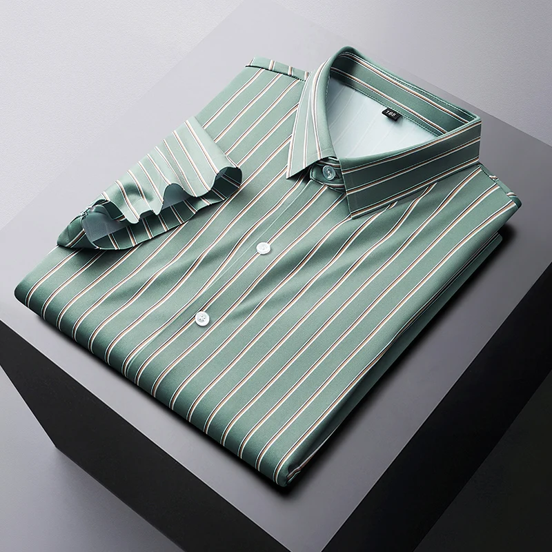 New summer Men's striped short-sleeved shirt top High-end ice silk breathable high elastic men's shirt  Large size 8XL 10XL