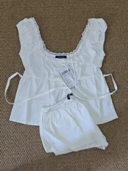 Lace Trim White T-Shirt Shorts Set Women Summer Lace-up Puff Sleeve Blouse+Elastic Waist Short Pants Cotton Sweet 2 Piece Sets