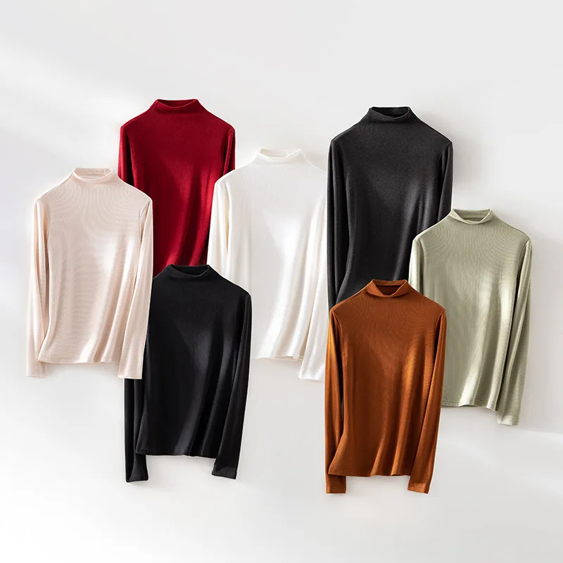 Half High Neck Acetic Wool Double-sided Velvet T-shirt Winter Thick Self Heating Warm High Elasticity Bottoming Tops