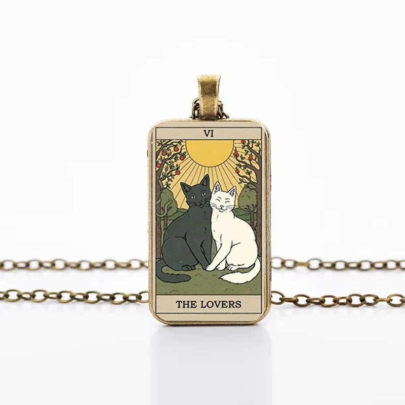 Cute Cat Tarot Card Necklace Vintage Antique Gold Plated Rectangle Glass Pendant Necklace Animal Divination Jewelry