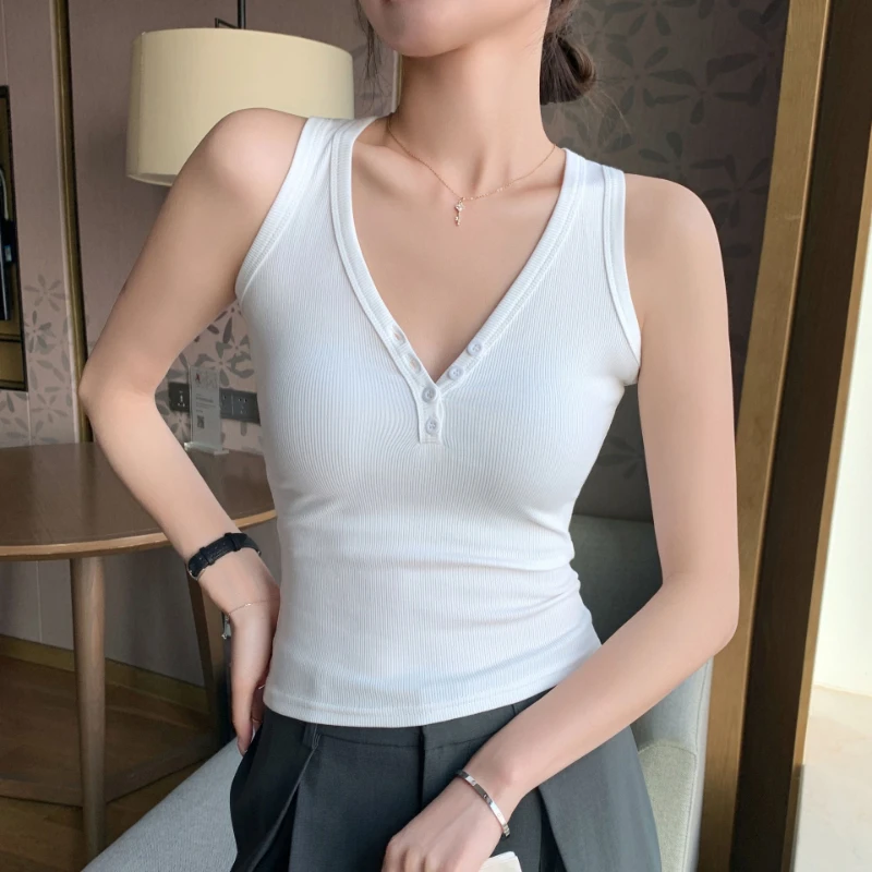

Button v-neck sling vest women's spring and summer new Spice Girl slim and thin cotton backing top