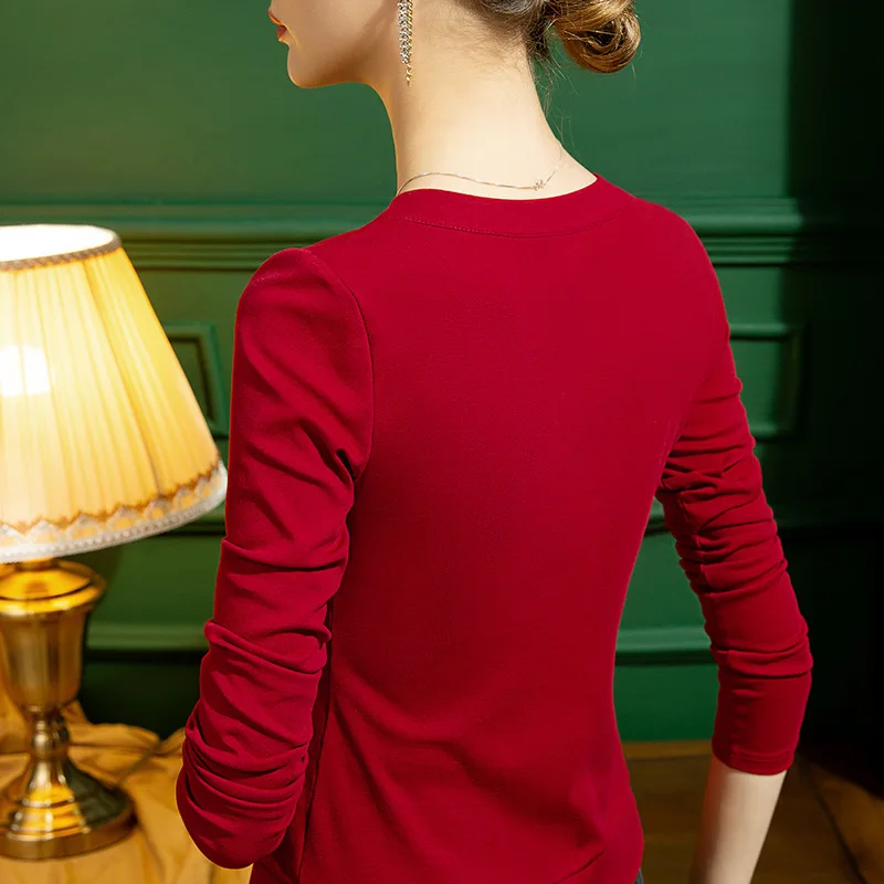 MadBlack Sexy T-Shirt Ladies V Necks Solid Colour Slim Pure Cotton Tops Long Sleeve Tee All Match Autumn Winter T3D433JM