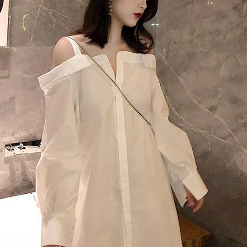 2023 Spring Autumn Solid Color Fashion Slash Neck Long Sleeve Shirt Dress Women Casual Off Shoulder Button All-match Vestidos