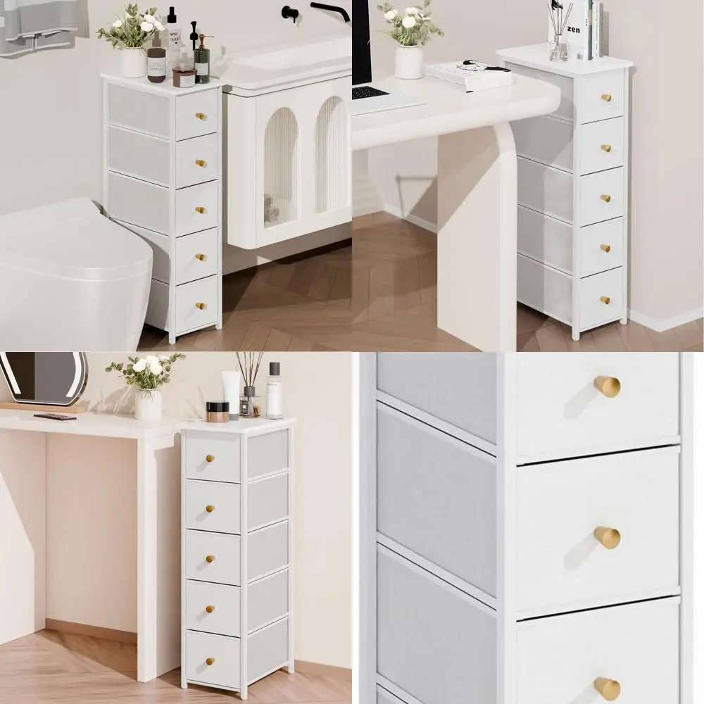 

Compact 5-Drawer White Storage Cabinet for Small Spaces, Ideal for Bathrooms, Bedrooms, and Dorms