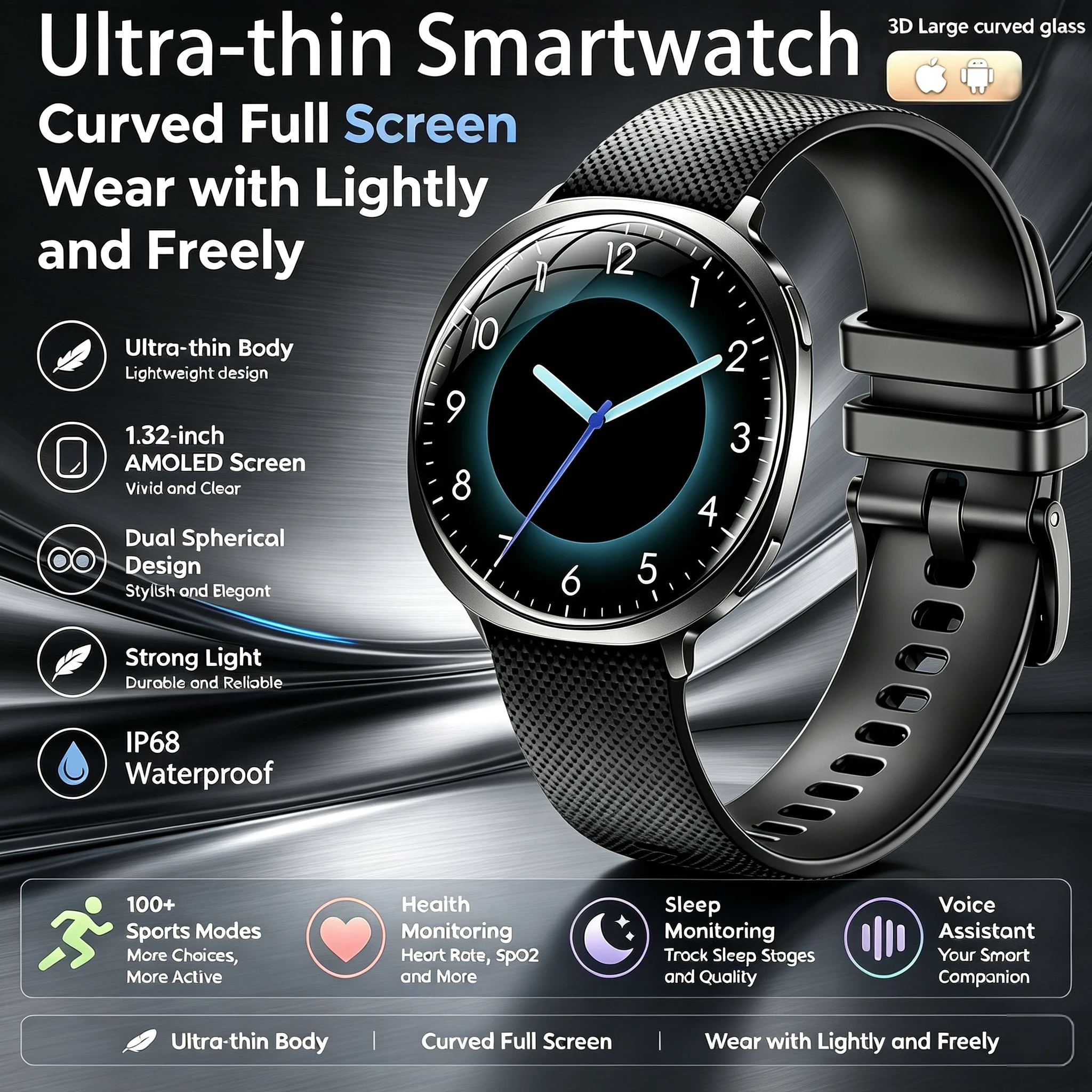 2026 Ultra-Thin Unisex Smartwatch, with a 1.32 inch AMOLED Display, Supports Heart Rate, Blood Oxygen and Sleep Monitoring.