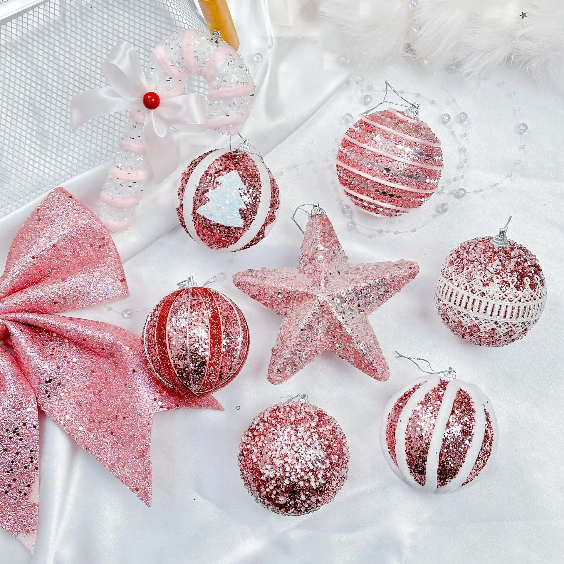 Pink Glitter Christmas Balls Christmas Decorations Xmas Tree Hanging Pendants DIY Holiday Scene Ornament New Year Navidad Decor