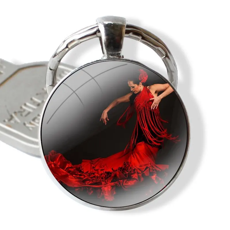 Keychain Handmade Glass Cabochon Key Ring Holder Pendant Key Chains Red The Spanish Dancer Flamenco Art