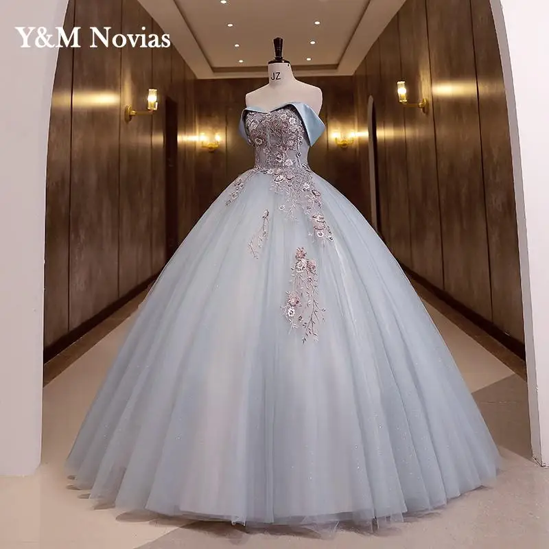 Y & M-Robes de Quinceanera Gillter à épaules dénudées pour filles, robe de Rhbleue, robe de princesse Sweet 15, grande taille, vidéo réelle