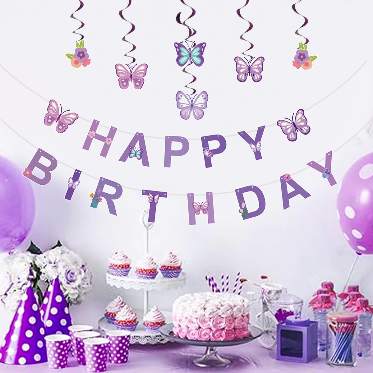 Butterfly Spiral Pendant Pink Butterfly Theme Birthday Party Decorations Baby Shower Wedding Party Supplies Hanging Banner
