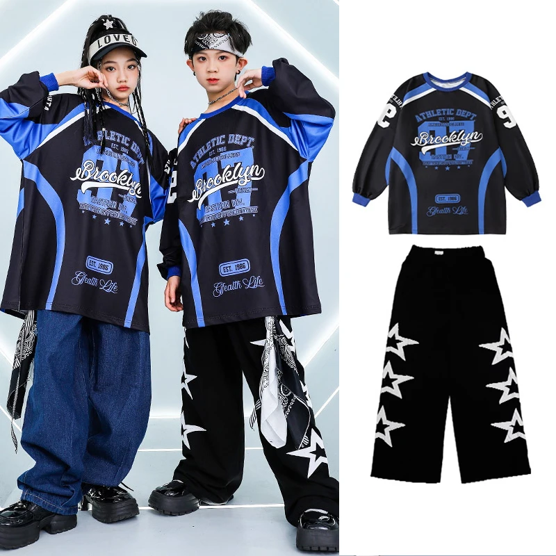 

Hip Hop Costume Children's Garments Boys Street K-pop Cargo Pants Girls Jazz Show Clothes Blue Loose Coat Red Black Set XH1303