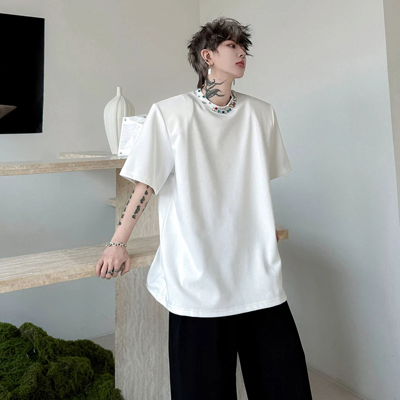 LUZHEN 2026 Summer Personalized Diamond Patchwork Round Neck Short Sleeve T-shirts Men Fashion Handsome Shoulder Pad Tops JY6360