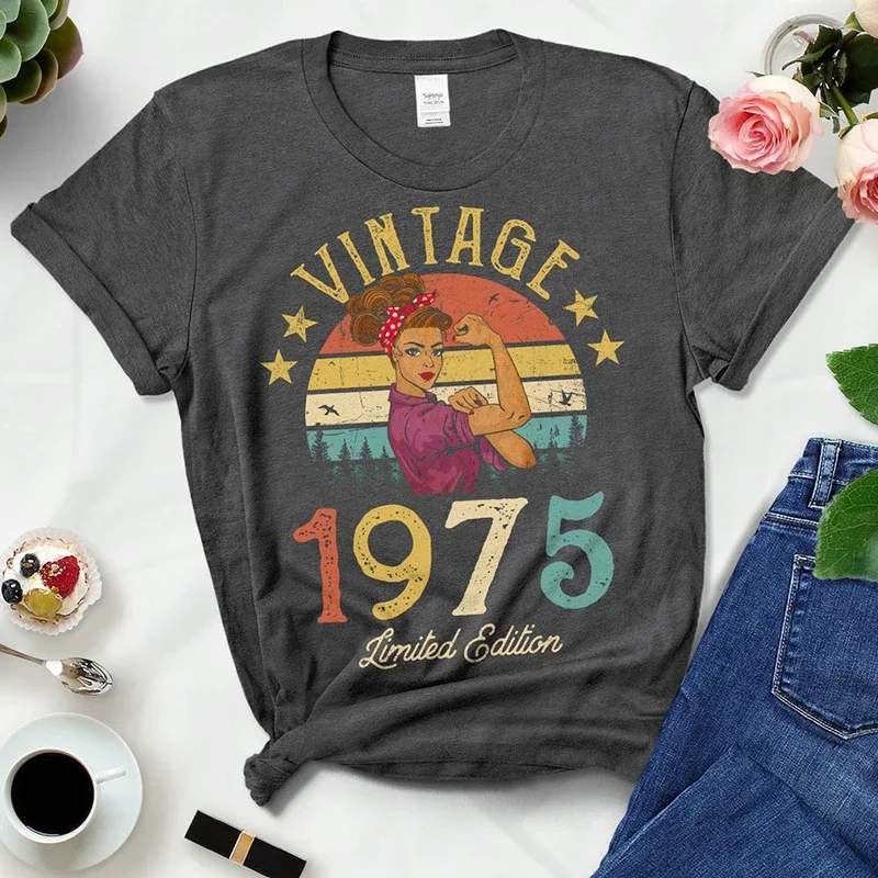 

Vintage 1975 Limited Edition Woman Tshirts Retro 49th 49 Years Old Birthday Party Gift Ladies T Shirts Summer Women Fashion Top