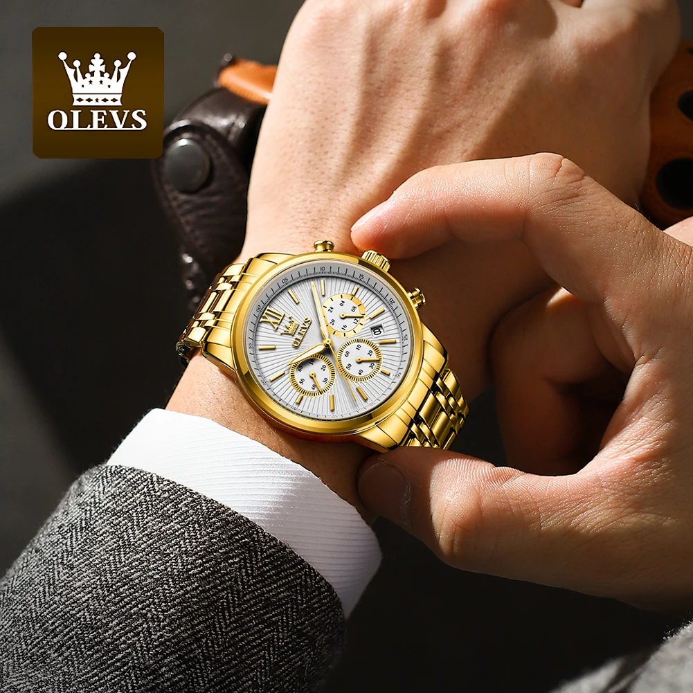 OLEVS Men\'s Watches Multifunctional Chronograph Original Quartz Wristwatch Waterproof Stainless Steel Luminous Fashion Trend