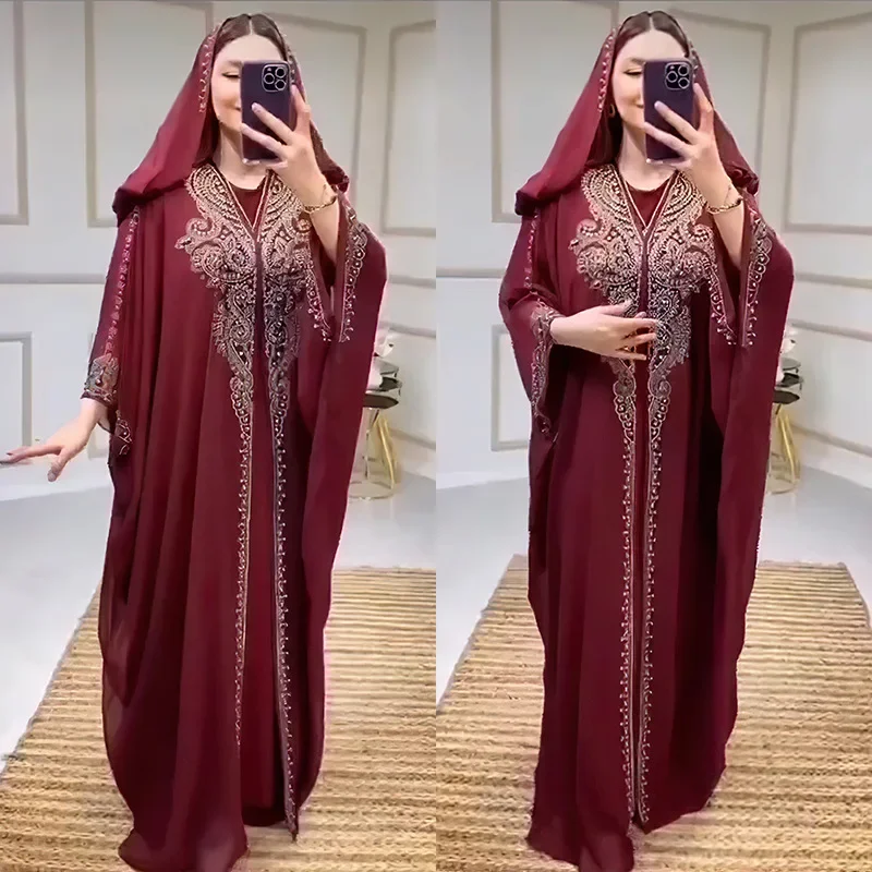 New Hot Rhinestone Beaded Muslim Long Gown African plus Size Women's Hooded White Dress Summer Dress Vestidos De Fiesta Pedreria