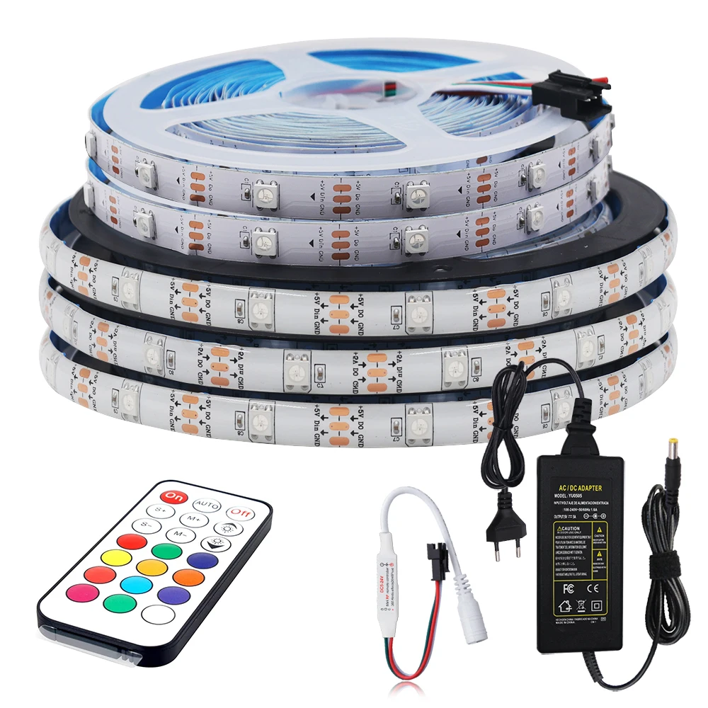 RGB LED Strip Light WS2812B Addressable Pixel Tape with Remote Controller For TV Back Lamp DC5V 1-5M IP30/IP65 With Power Kit