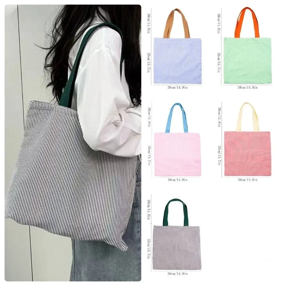 Simple Canvas Shoulder Bag Large Capacity Contrast Color Stripe Handbags Square-shaped Shopping Bag Women