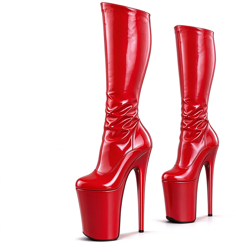 Women's Shiny Patent Leather Knee High Platform Boots 23cm Ultra High Stiletto Heel Round Toe Long Boots Sexy Pole Dance Shoes
