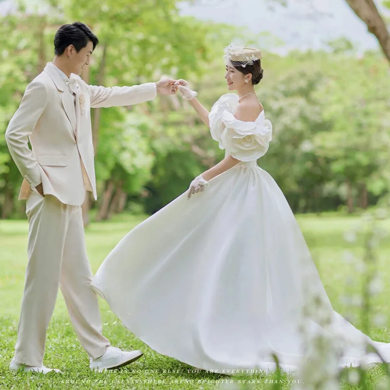 Vestidos De novia blancos personalizados con hombros descubiertos para mujer, vestidos De novia De satén con flores en 3D, Vestido Formal De novia