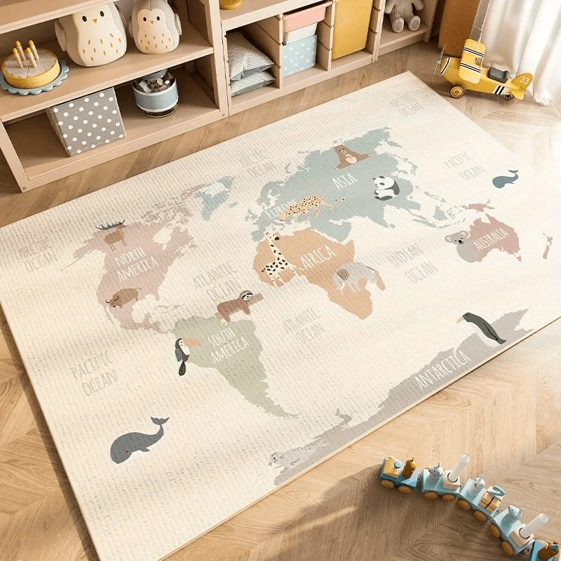 World Map Animal Cartoon Print Large Area Rug Soft Flannel Non Slip Floor Carpet for Kids Playroom Nursery Living Room Learning
