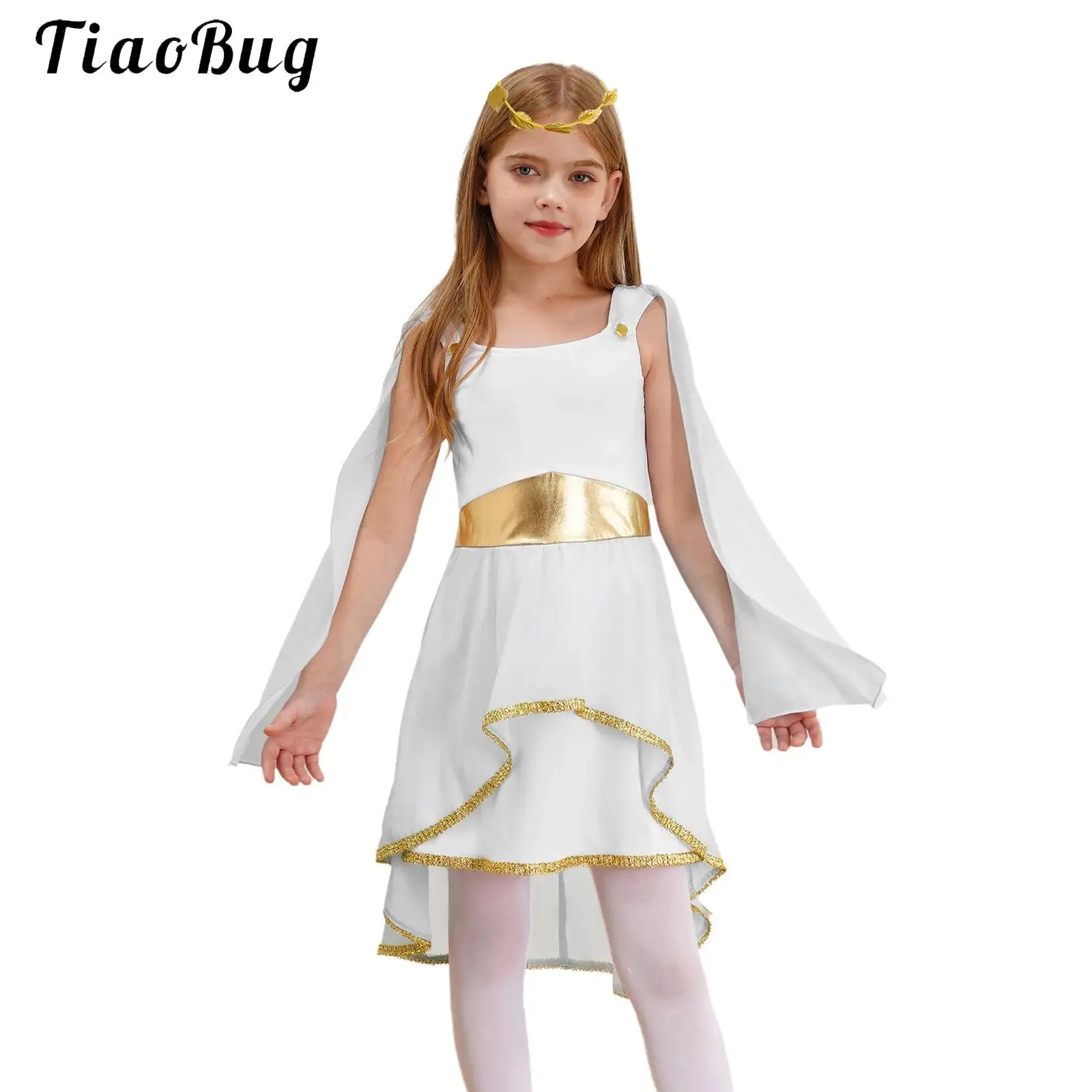 Kids Girls Ancient Greek Toga Costume Athenian Princess Roman Empress Short Dress Robe+Wreath Headband Set for Halloween Cosplay