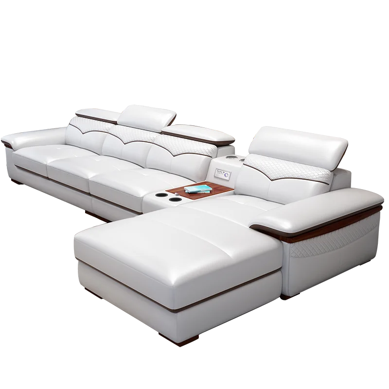 

Italian Genuine Leather Sofa Sets with Cup Holder, USB, Adjustable Headrests and Bluetooth Speaker - MINGDIBAO Living Room Couch